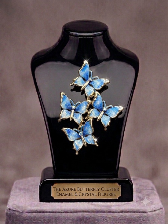 Jewelry - Azure Butterfly Cluster Brooch - Blue Enamel & Crystal